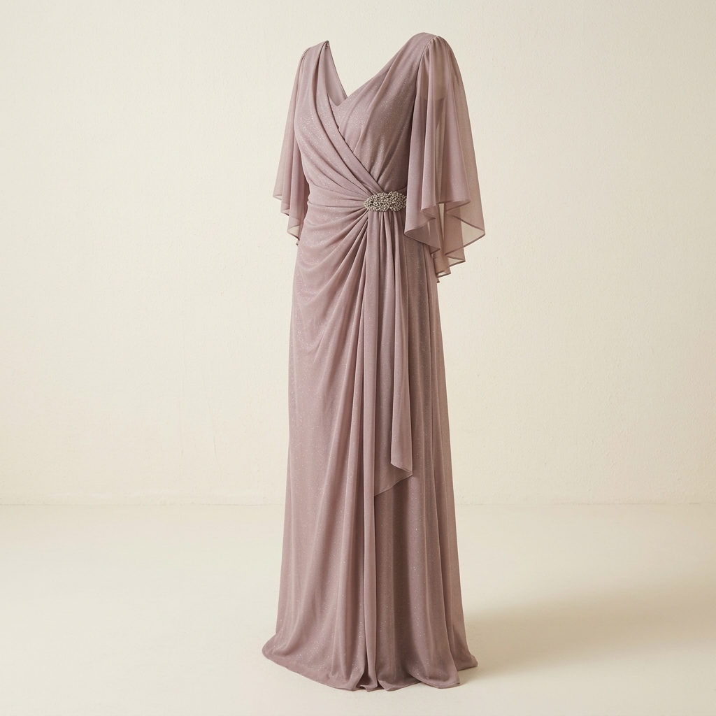 Robe de Soirée Longue Drapée avec Manches Évasées - Vieux Rose