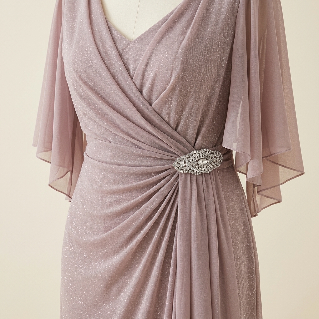 Robe de Soirée Longue Drapée avec Manches Évasées - Vieux Rose