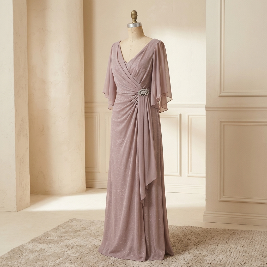 Robe de Soirée Longue Drapée avec Manches Évasées - Vieux Rose