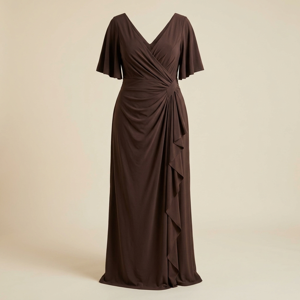 Robe de soirée longue drapée marron chocolat à manches évasées