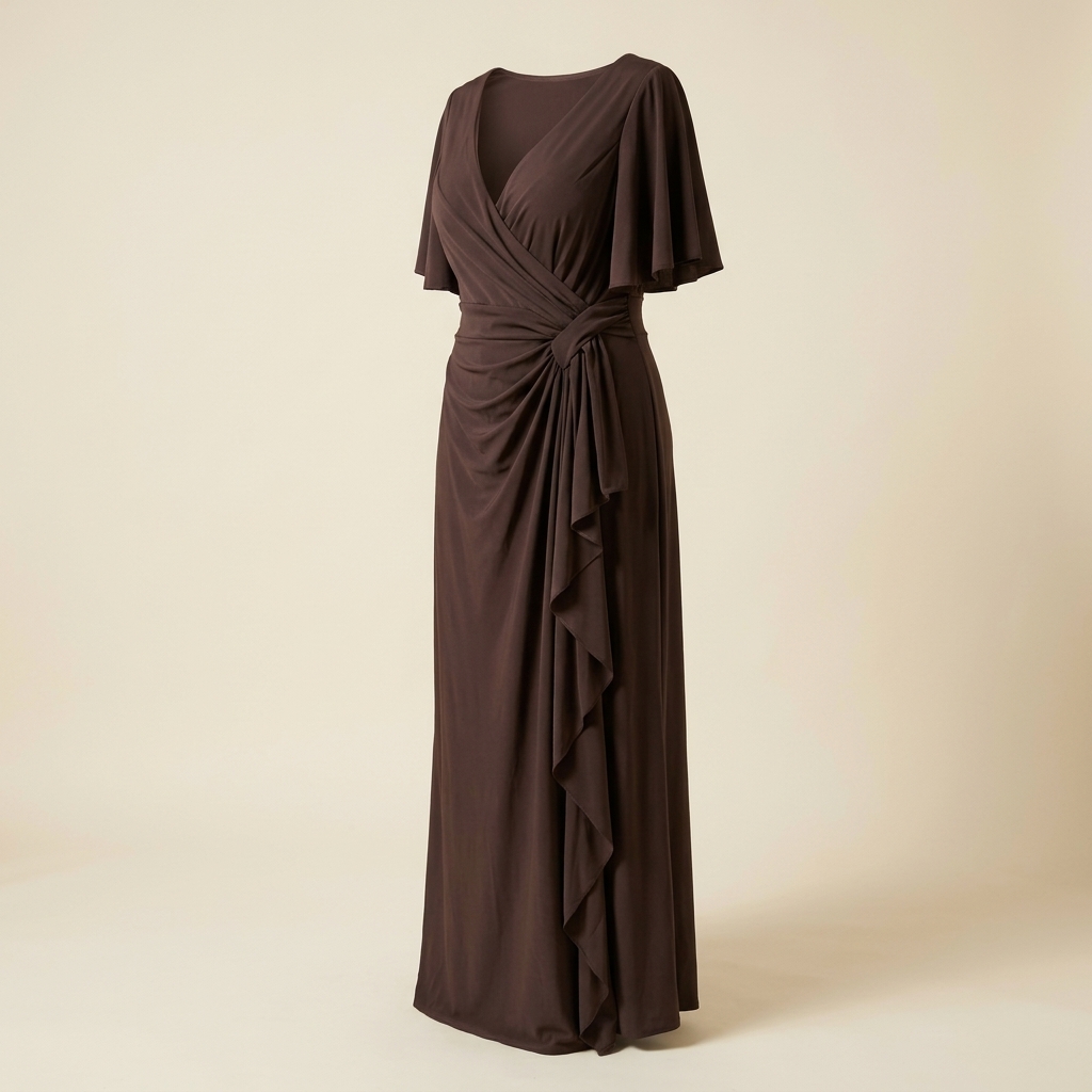 Robe de soirée longue drapée marron chocolat à manches évasées