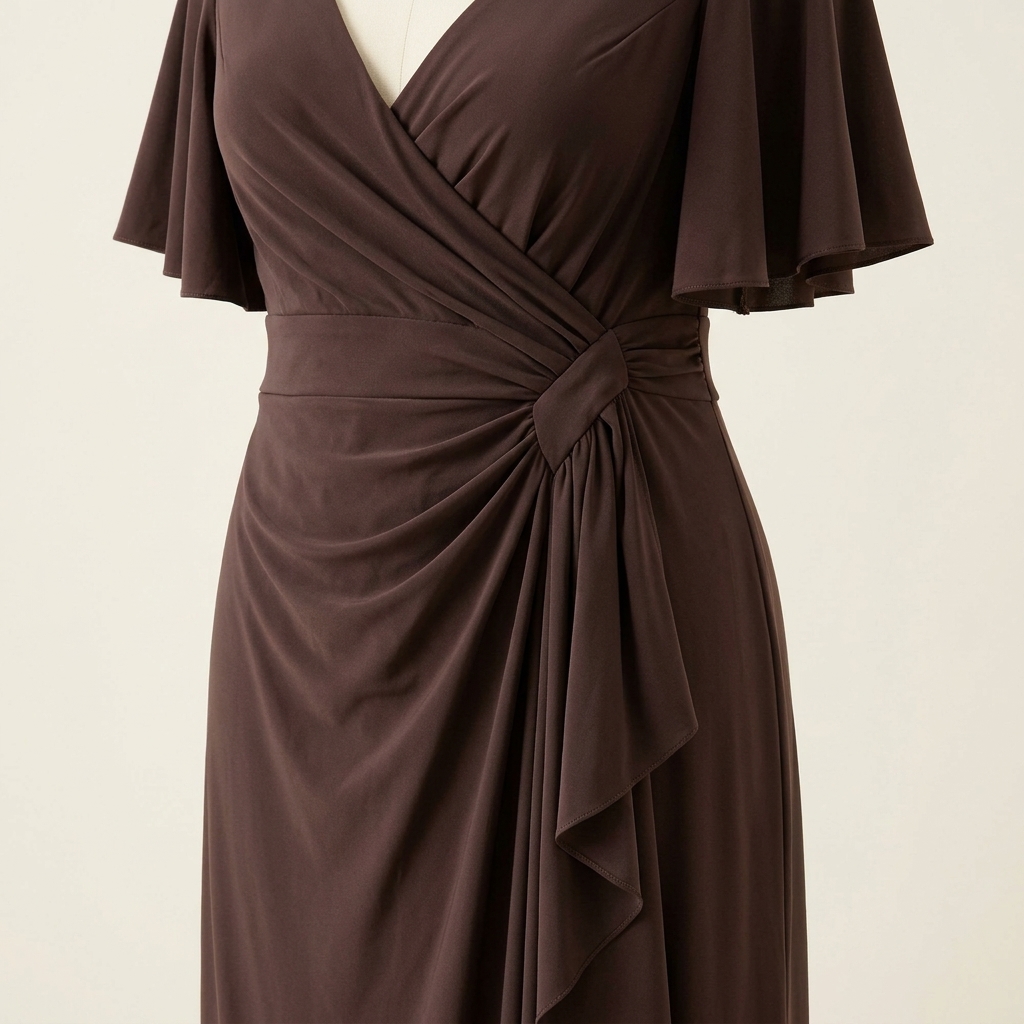 Robe de soirée longue drapée marron chocolat à manches évasées