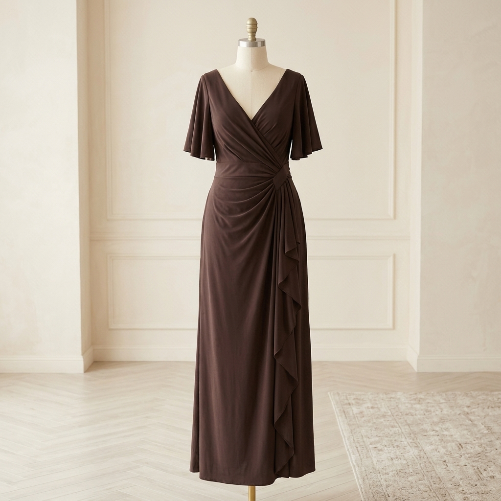 Robe de soirée longue drapée marron chocolat à manches évasées