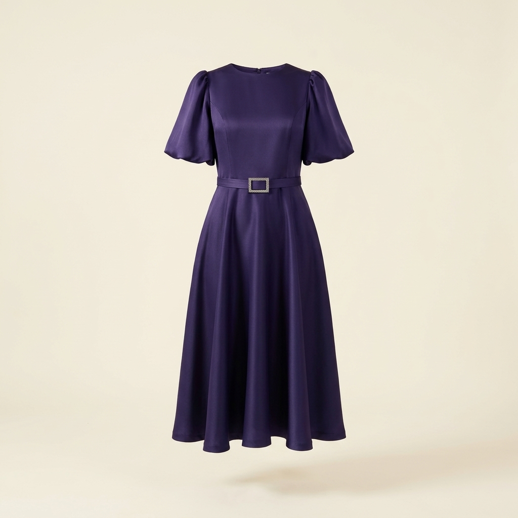 Robe de Soirée Midi Évasée avec Ceinture - Violette