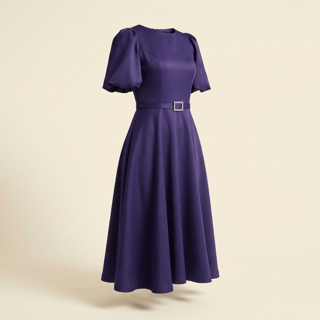Robe de Soirée Midi Évasée avec Ceinture - Violette
