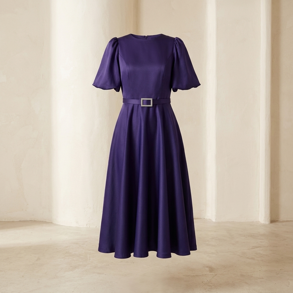 Robe de Soirée Midi Évasée avec Ceinture - Violette