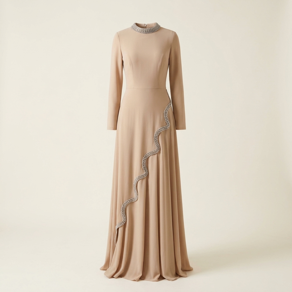 Robe de Soirée Longue Beige Nude à Détails Strass