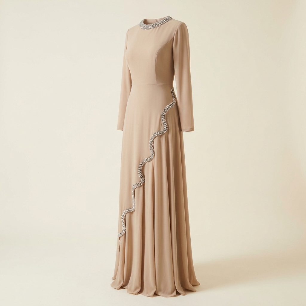 Robe de Soirée Longue Beige Nude à Détails Strass