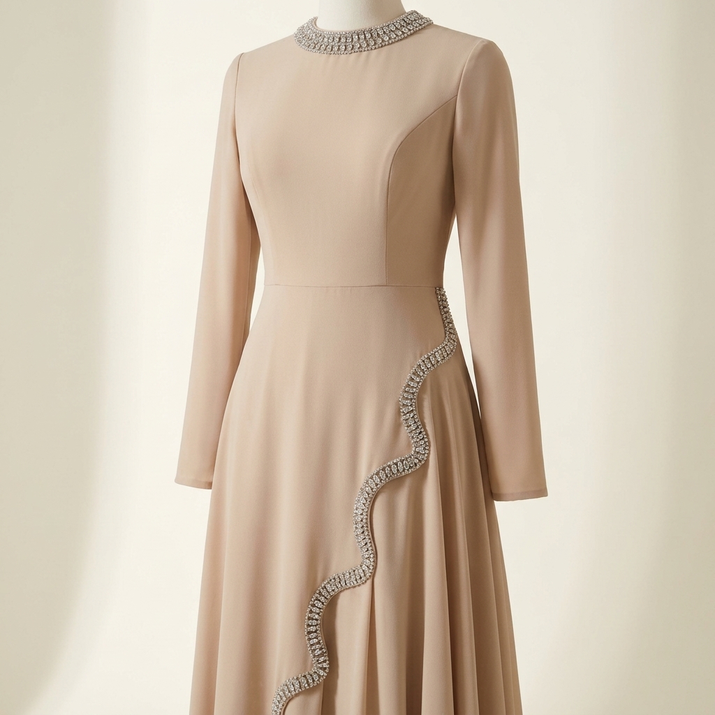 Robe de Soirée Longue Beige Nude à Détails Strass