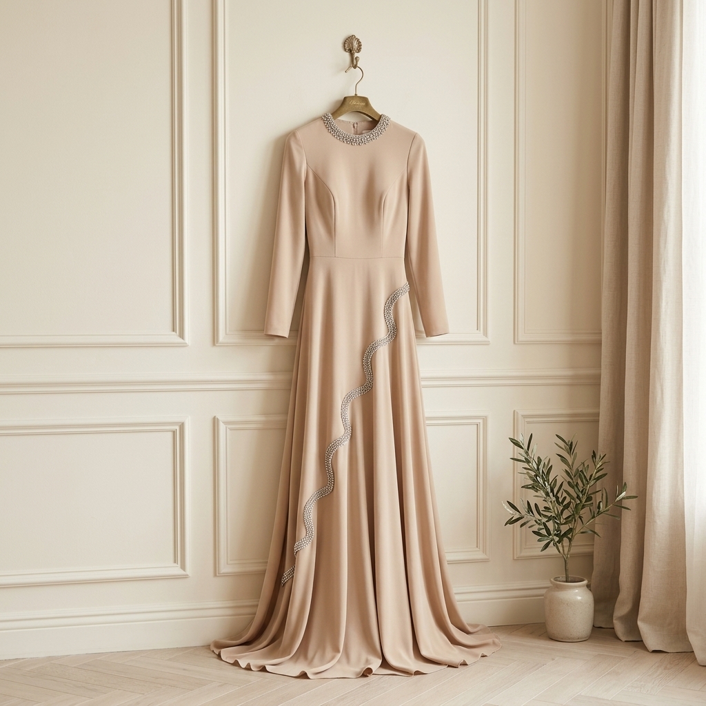 Robe de Soirée Longue Beige Nude à Détails Strass