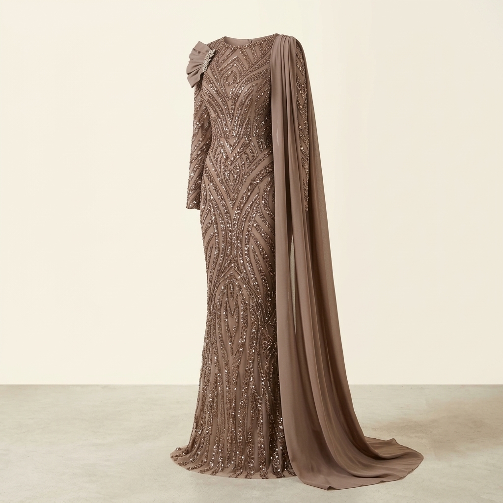 Robe de Soirée Longue Brodée à Paillettes avec Drapé Épaule - Vison