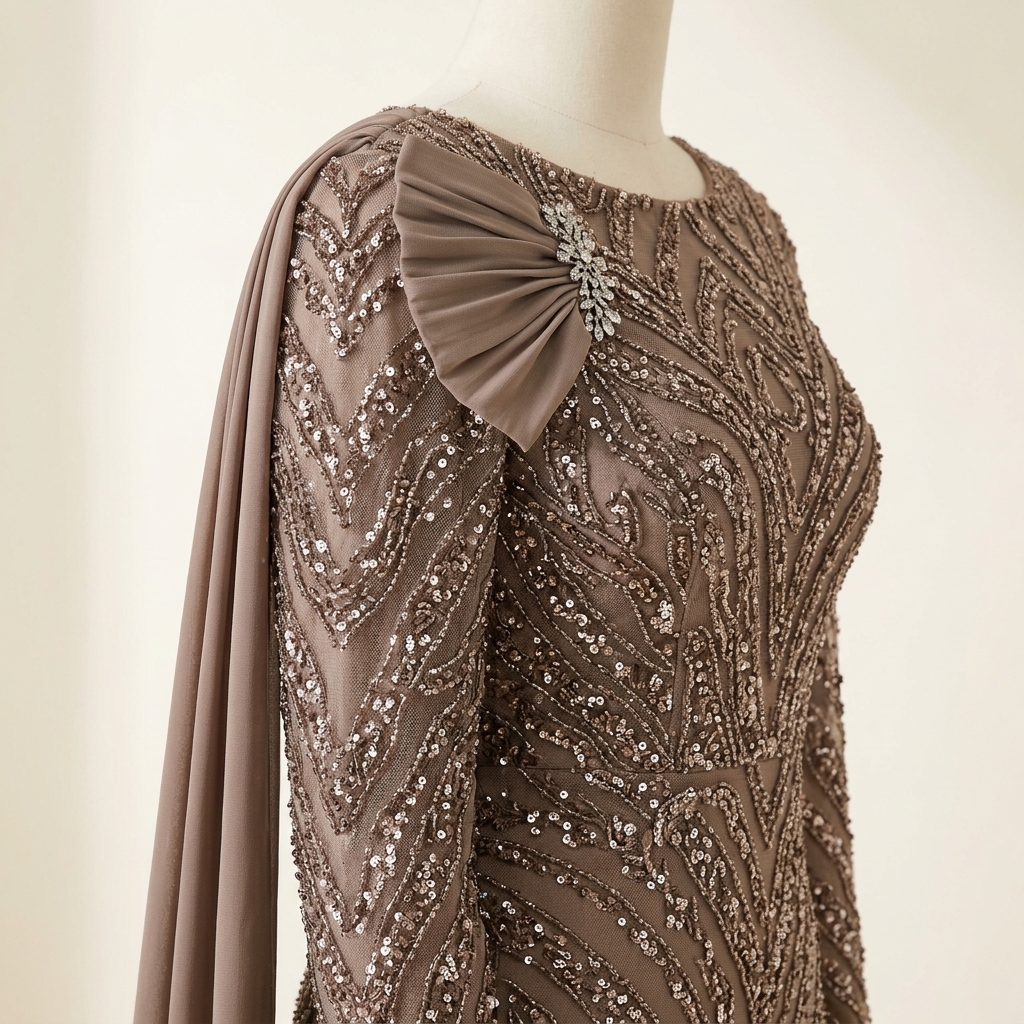 Robe de Soirée Longue Brodée à Paillettes avec Drapé Épaule - Vison
