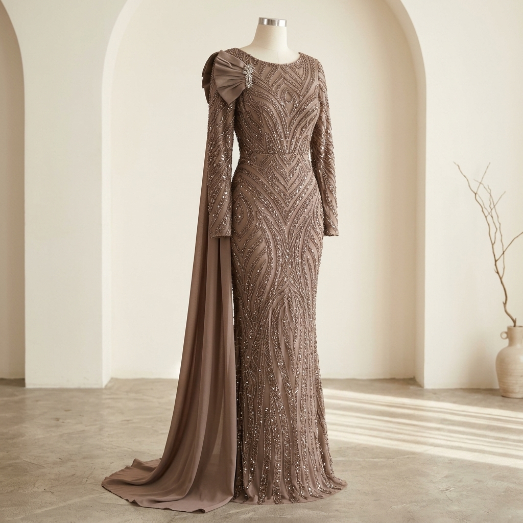 Robe de Soirée Longue Brodée à Paillettes avec Drapé Épaule - Vison
