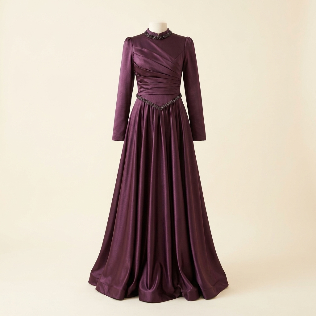 Robe de soirée longue satinée col montant à détails plissés - Prune
