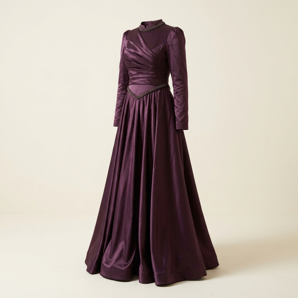 Robe de soirée longue satinée col montant à détails plissés - Prune
