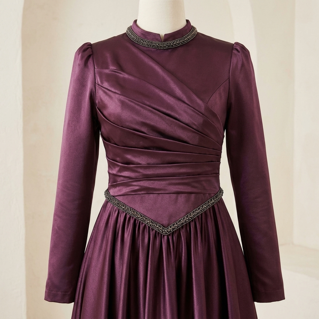 Robe de soirée longue satinée col montant à détails plissés - Prune