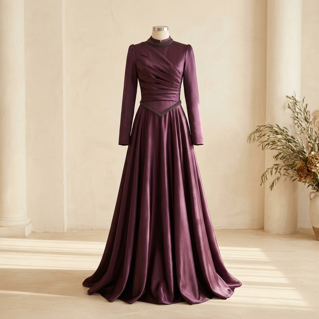 Robe de soirée longue satinée col montant à détails plissés - Prune