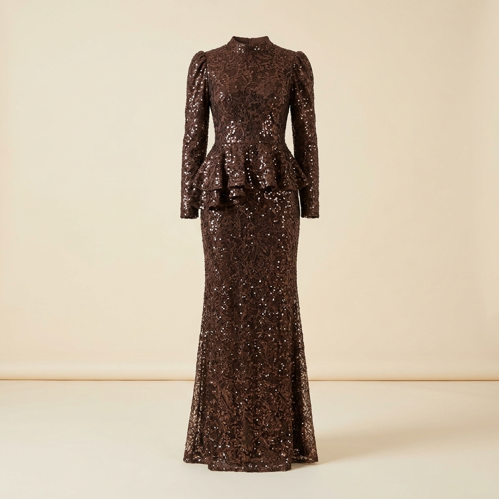 Robe de Soirée Longue Peplum à Paillettes Marron