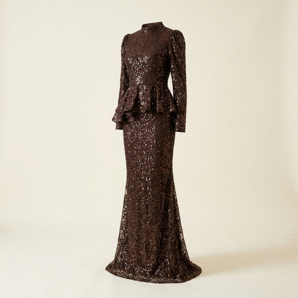 Robe de Soirée Longue Peplum à Paillettes Marron