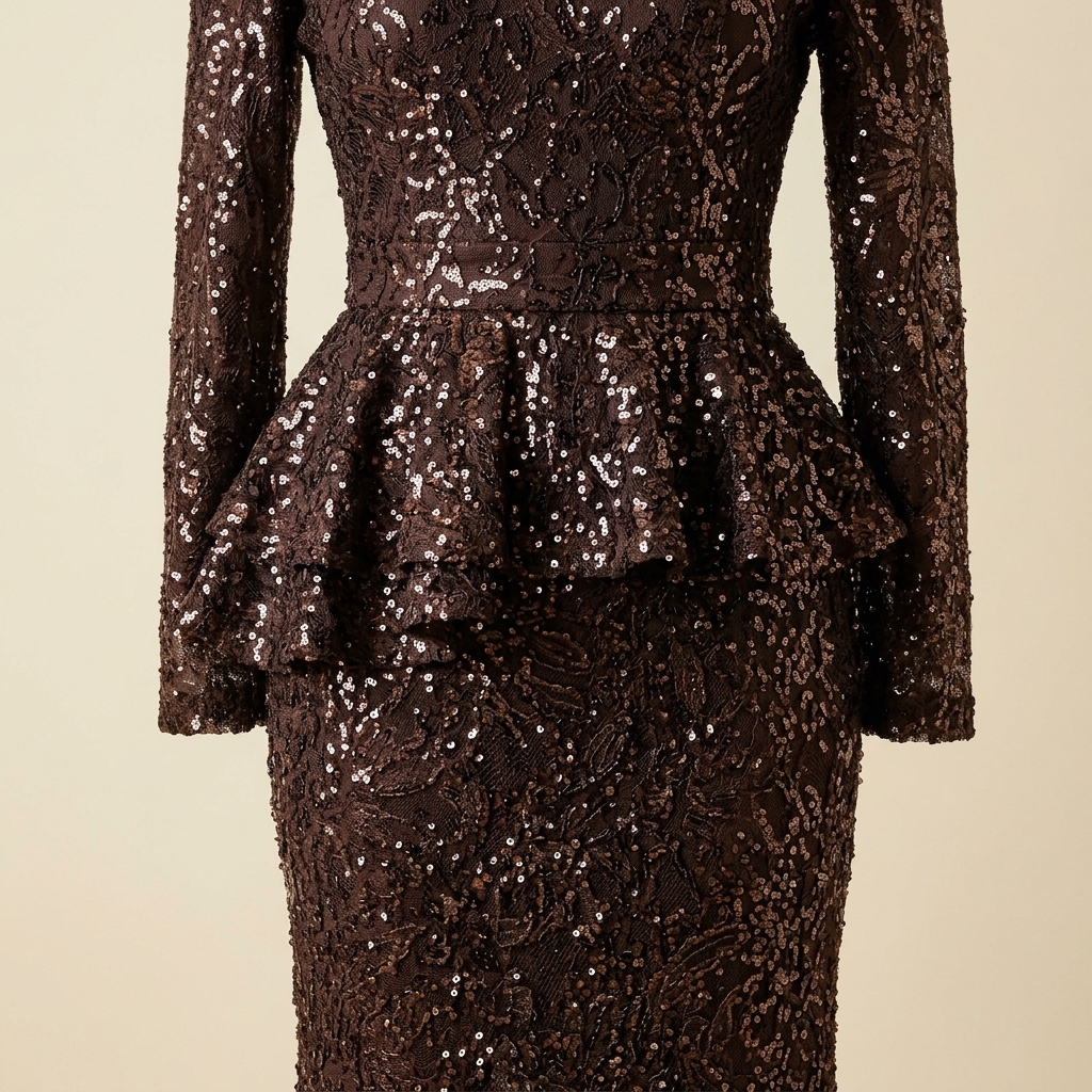 Robe de Soirée Longue Peplum à Paillettes Marron