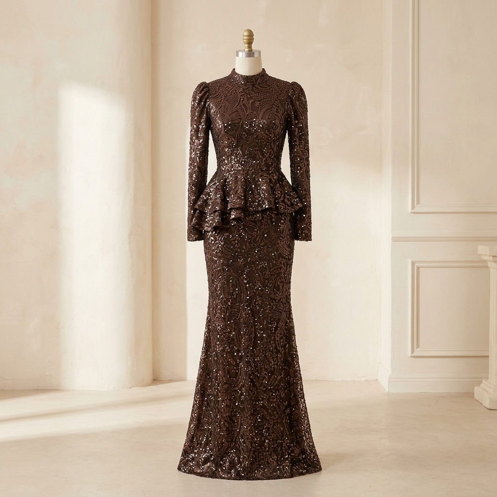 Robe de Soirée Longue Peplum à Paillettes Marron
