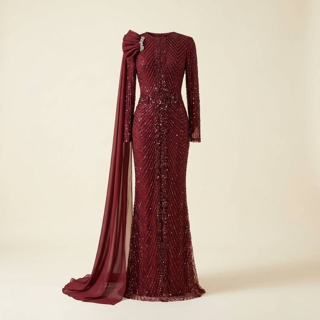 Robe de Soirée Longue Bordeaux Brodée à Sequins avec Cape