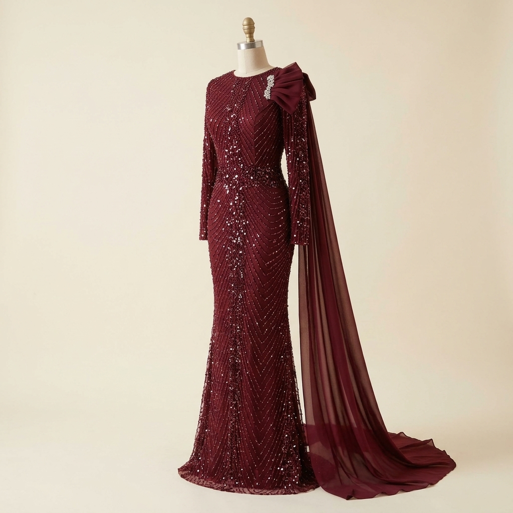 Robe de Soirée Longue Bordeaux Brodée à Sequins avec Cape