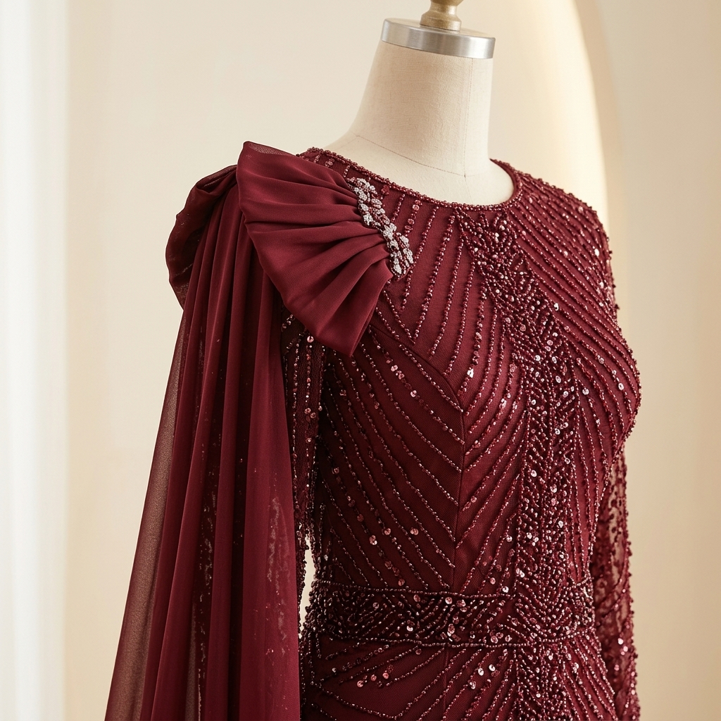 Robe de Soirée Longue Bordeaux Brodée à Sequins avec Cape