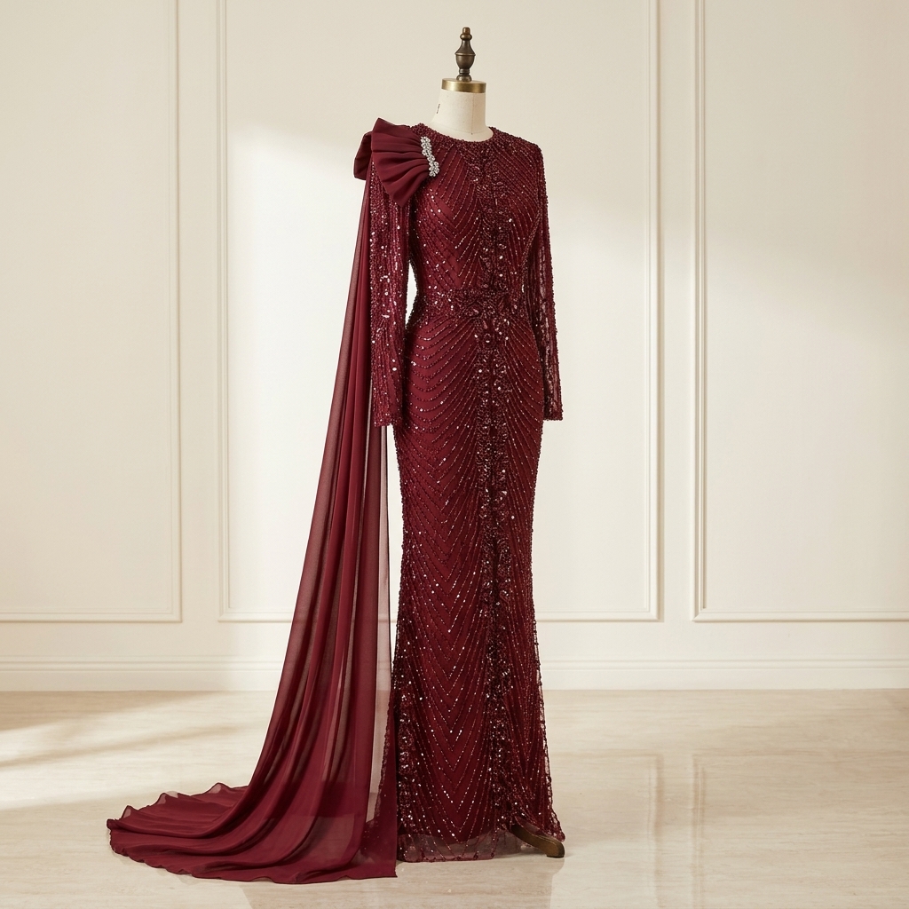Robe de Soirée Longue Bordeaux Brodée à Sequins avec Cape