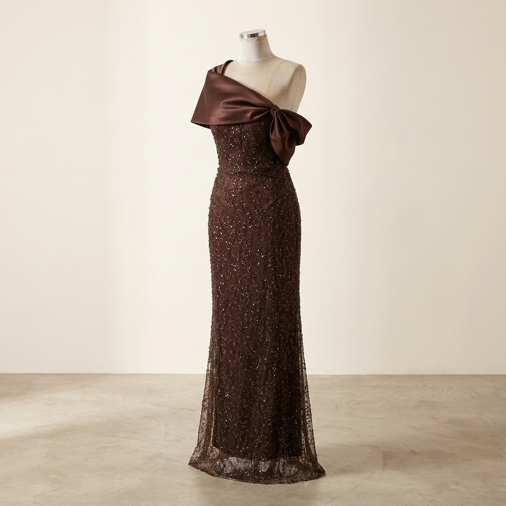 Robe de Soirée Longue Asymétrique à Paillettes Marron Chocolat