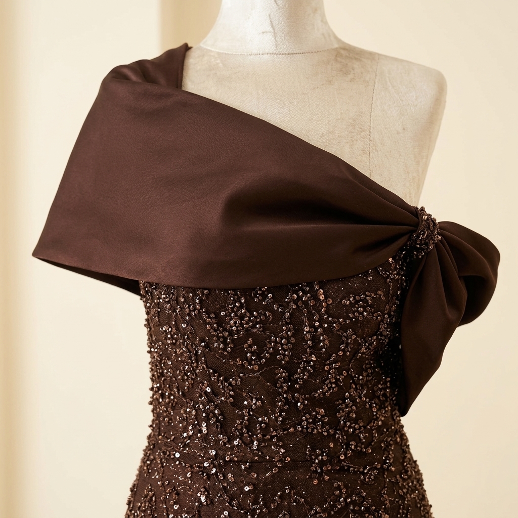 Robe de Soirée Longue Asymétrique à Paillettes Marron Chocolat