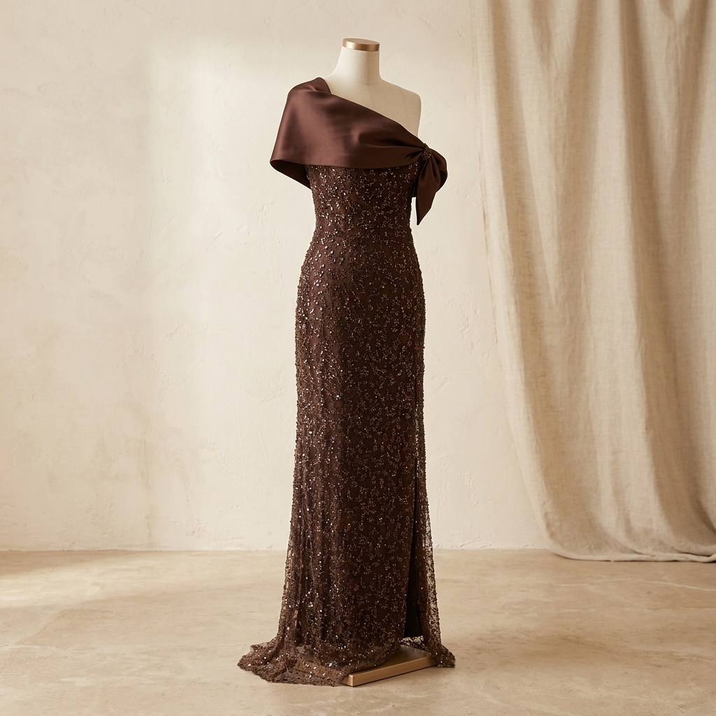 Robe de Soirée Longue Asymétrique à Paillettes Marron Chocolat