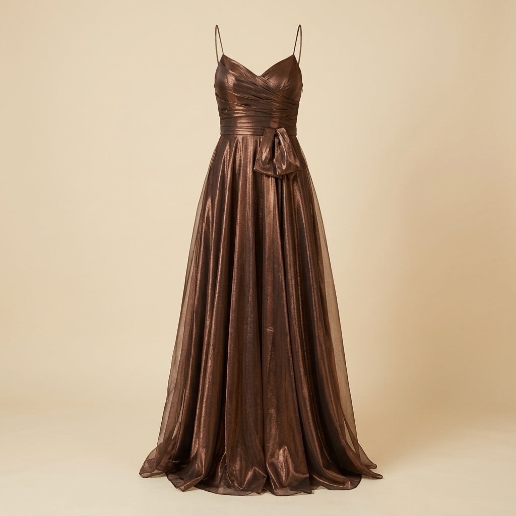 Robe de Soirée Longue Métallisée Bronze à Fines Bretelles