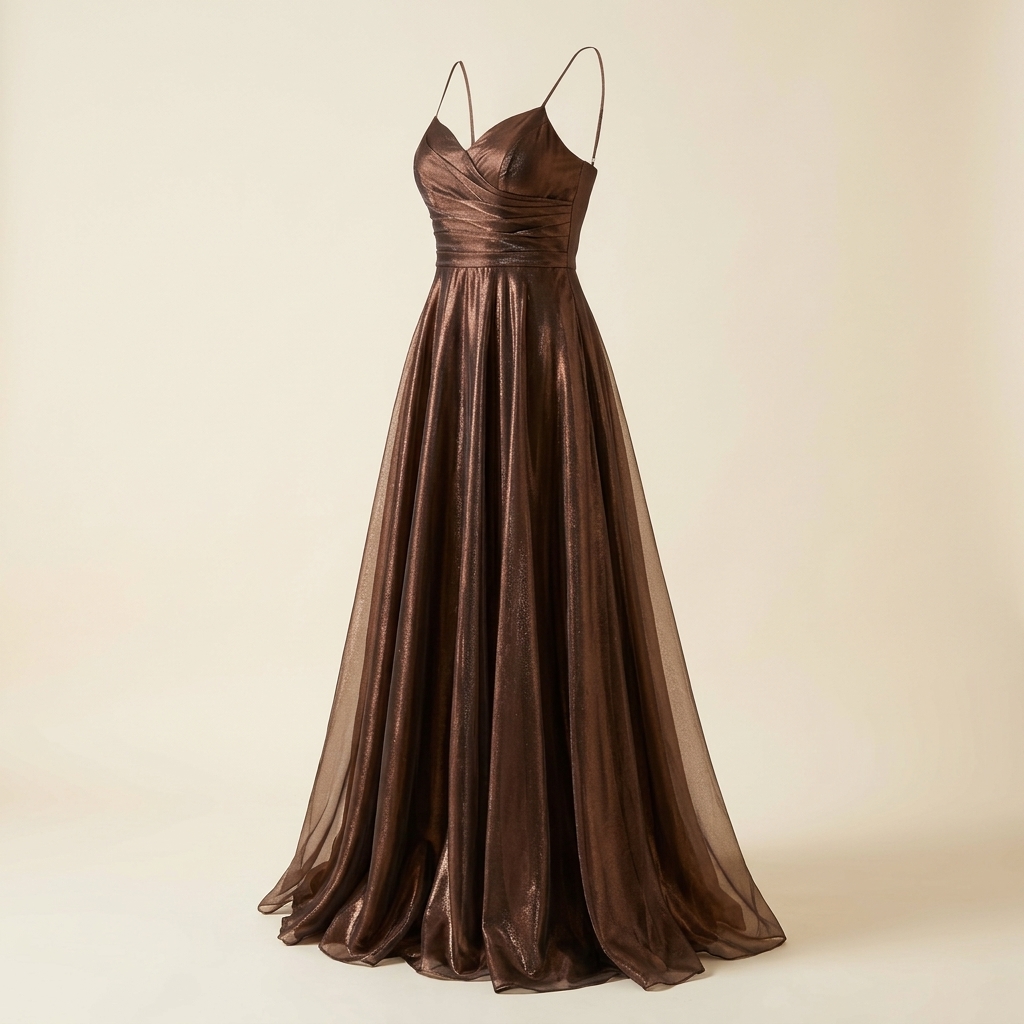 Robe de Soirée Longue Métallisée Bronze à Fines Bretelles