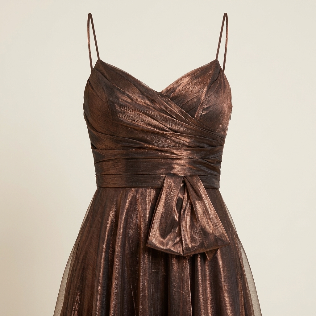 Robe de Soirée Longue Métallisée Bronze à Fines Bretelles