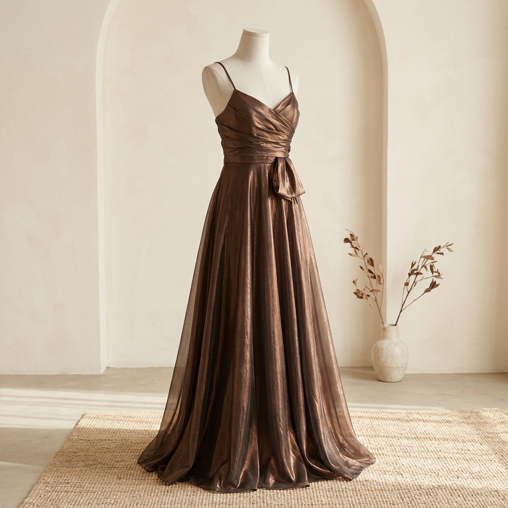 Robe de Soirée Longue Métallisée Bronze à Fines Bretelles
