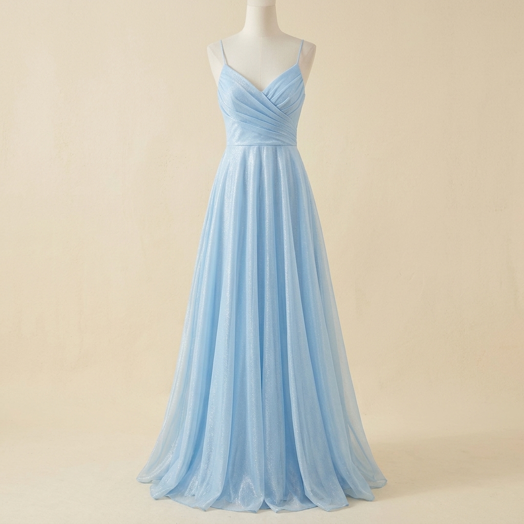 Robe de Soirée Longue Bleu Ciel Scintillante à Fines Bretelles