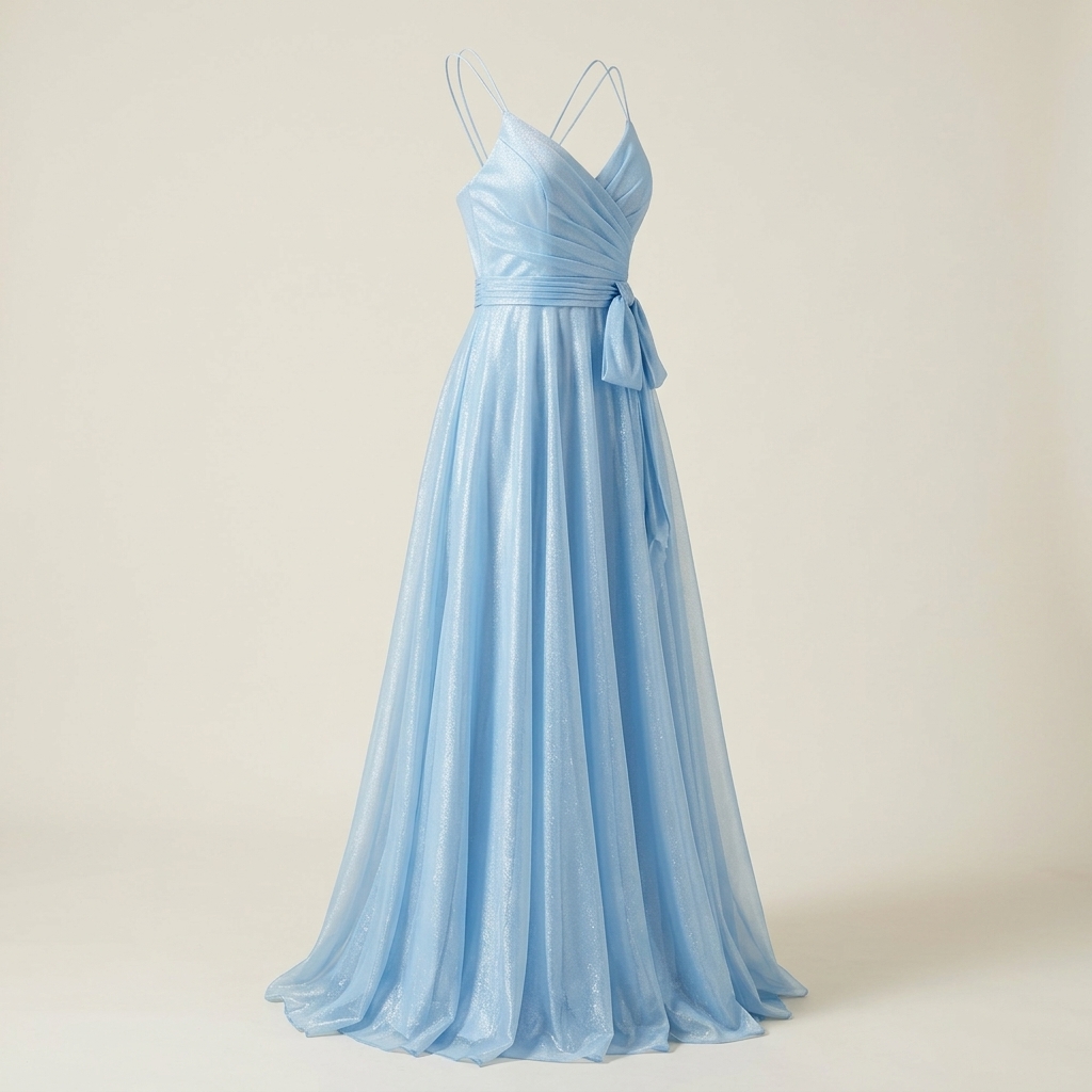 Robe de Soirée Longue Bleu Ciel Scintillante à Fines Bretelles