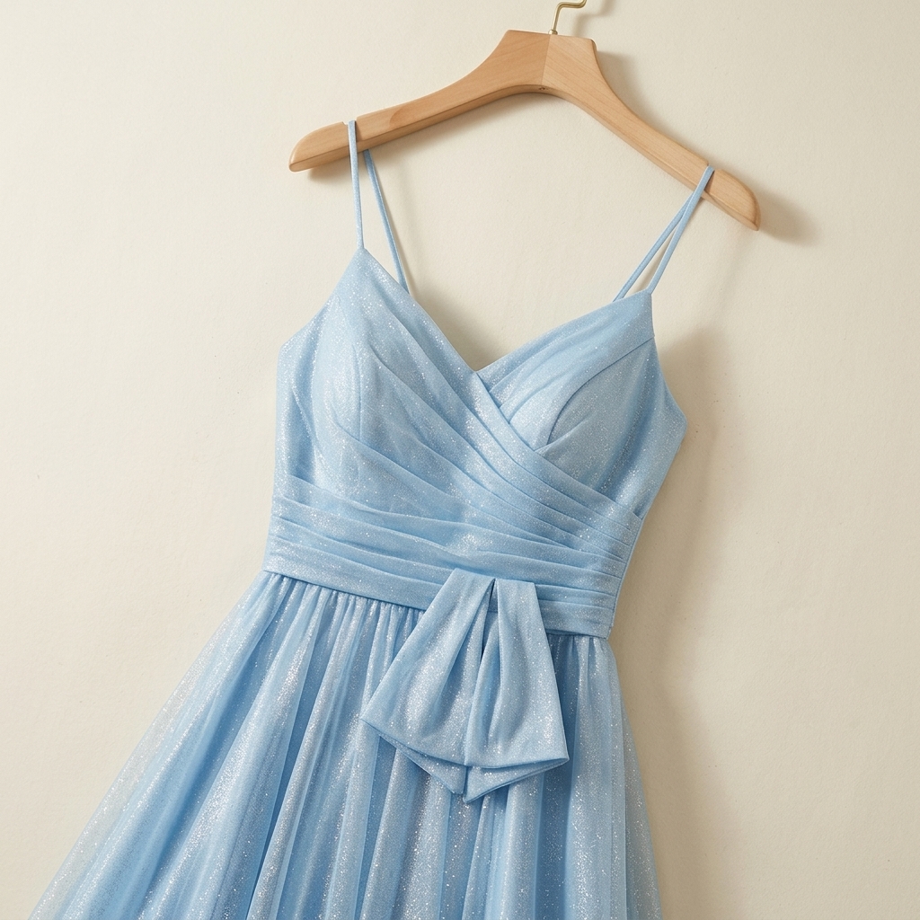 Robe de Soirée Longue Bleu Ciel Scintillante à Fines Bretelles