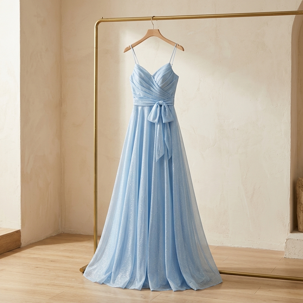 Robe de Soirée Longue Bleu Ciel Scintillante à Fines Bretelles