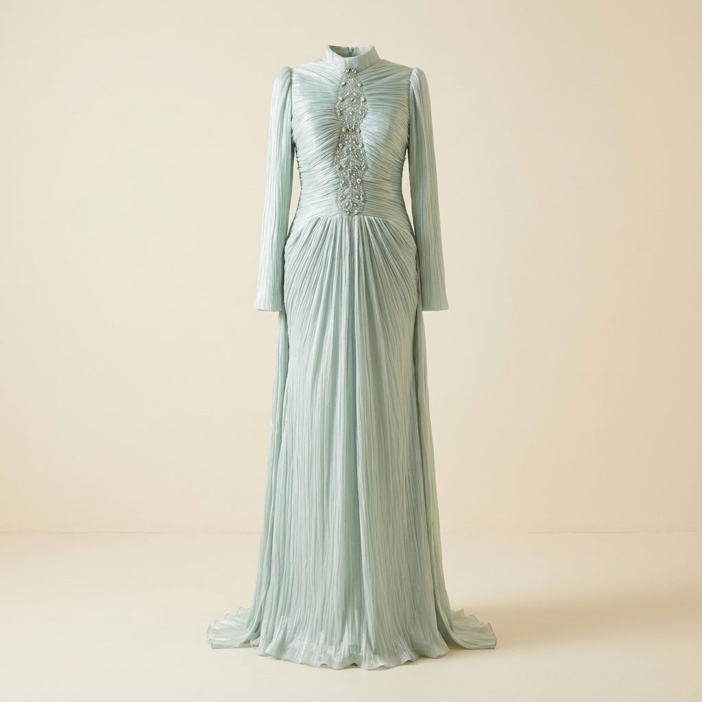 Robe de Soirée Longue Plissée Vert d'Eau à Manches Longues et Strass