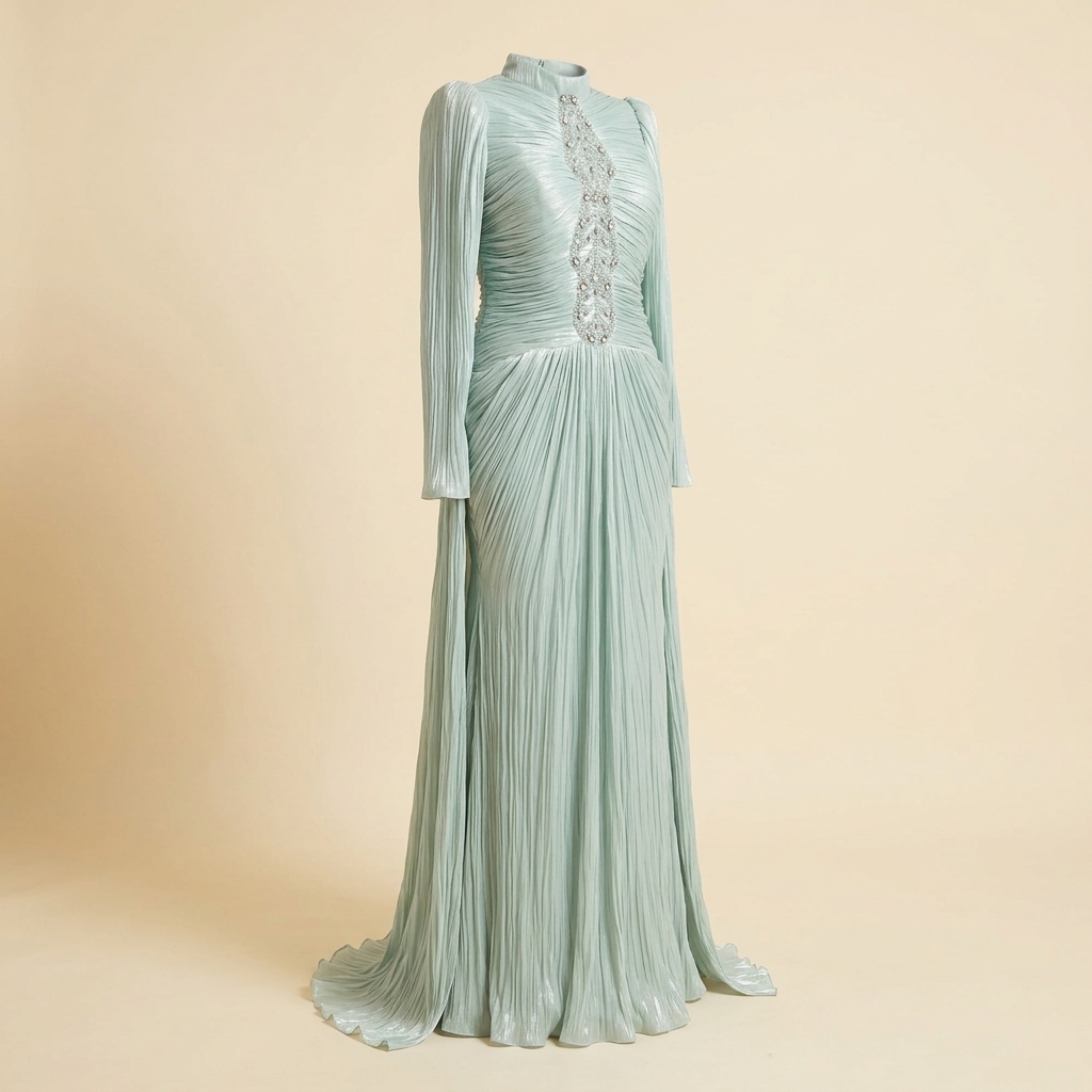 Robe de Soirée Longue Plissée Vert d'Eau à Manches Longues et Strass
