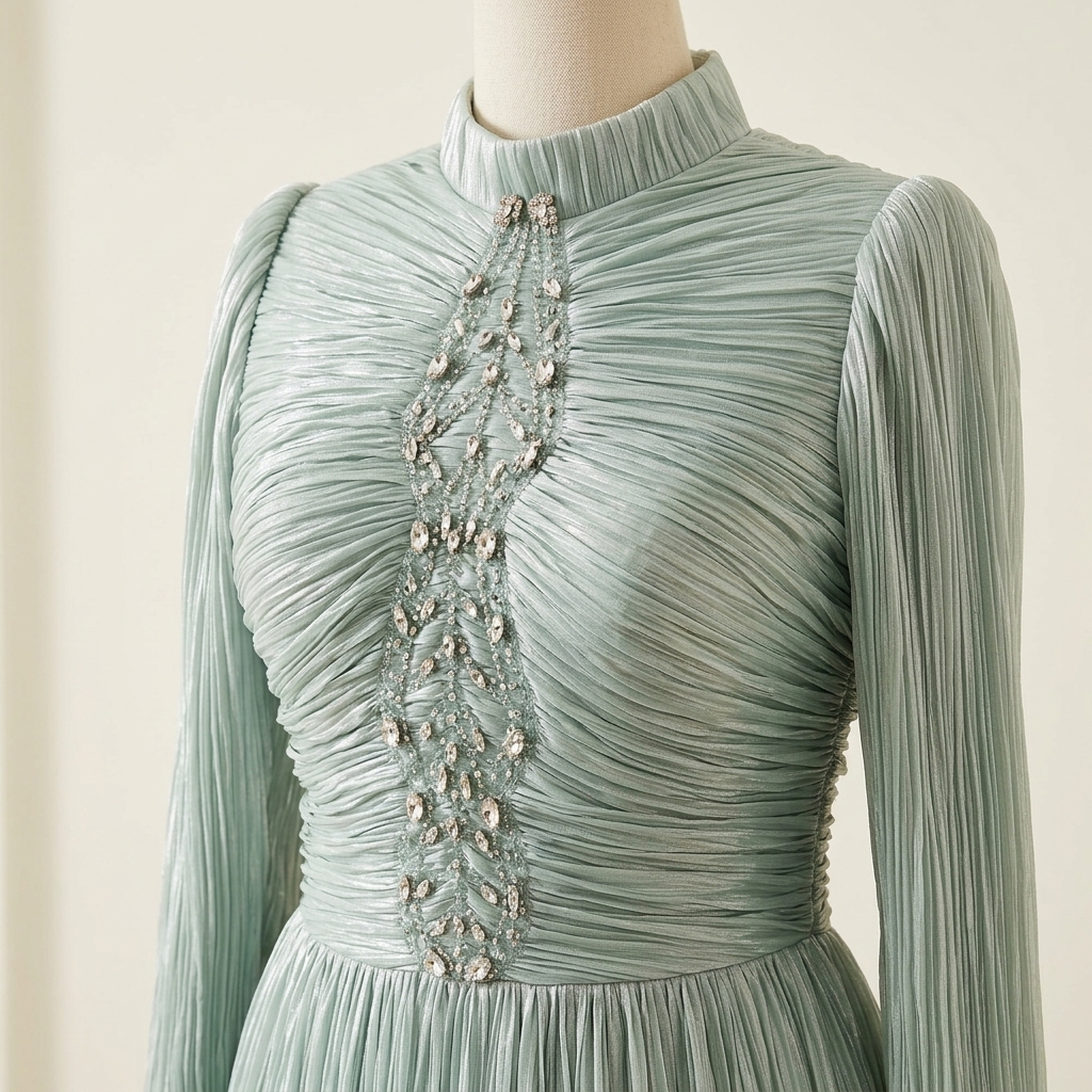 Robe de Soirée Longue Plissée Vert d'Eau à Manches Longues et Strass