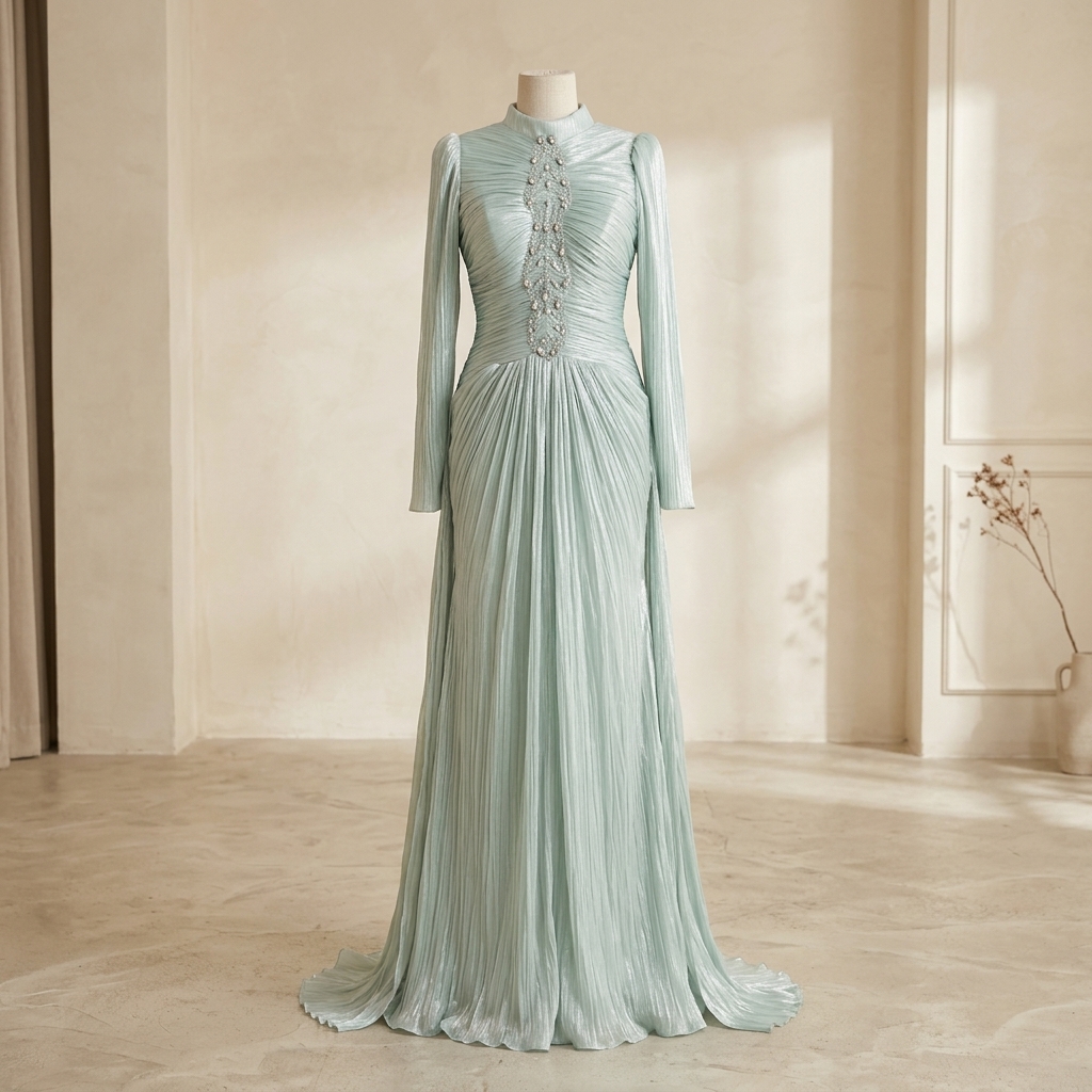 Robe de Soirée Longue Plissée Vert d'Eau à Manches Longues et Strass