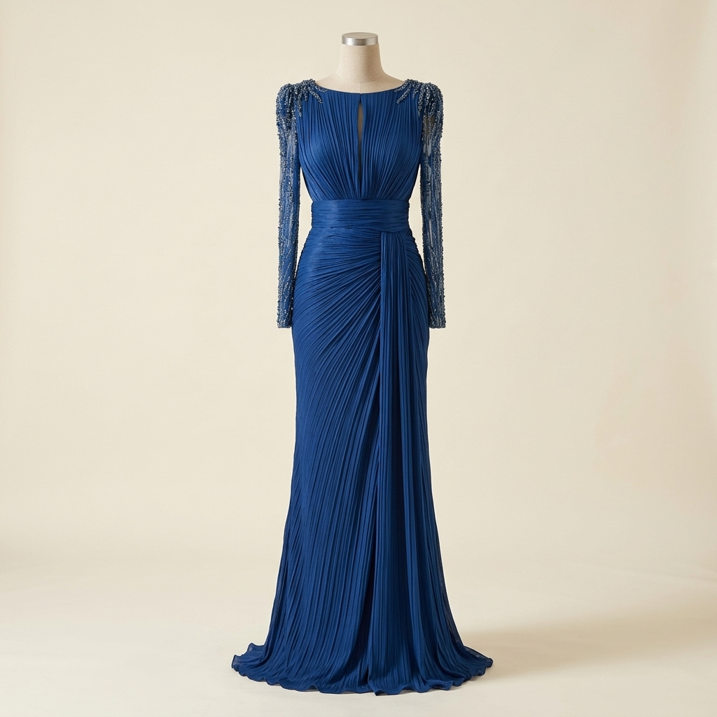 Robe de Soirée Longue Plissée Bleue à Manches Broderies et Perles
