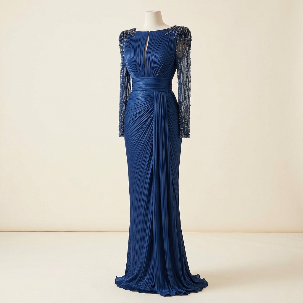 Robe de Soirée Longue Plissée Bleue à Manches Broderies et Perles