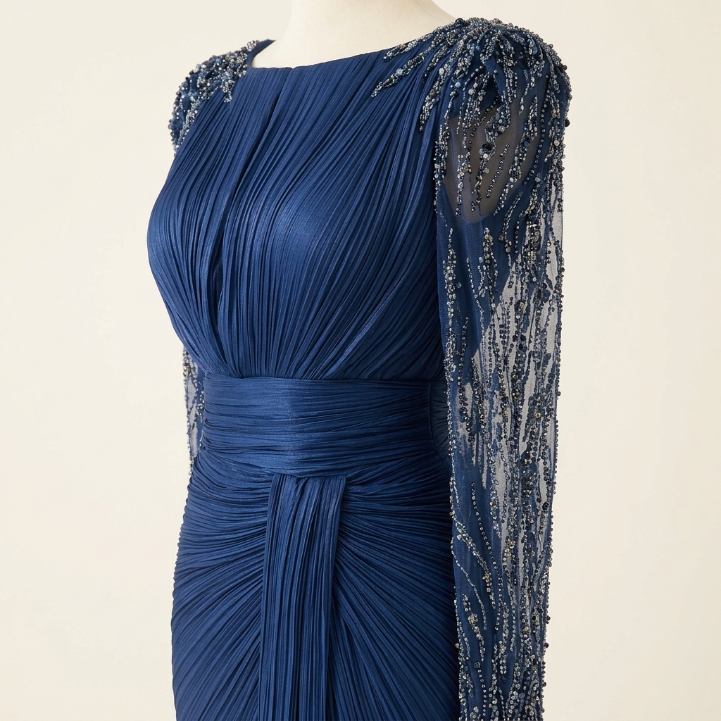 Robe de Soirée Longue Plissée Bleue à Manches Broderies et Perles