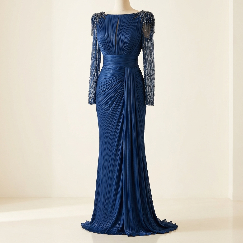 Robe de Soirée Longue Plissée Bleue à Manches Broderies et Perles