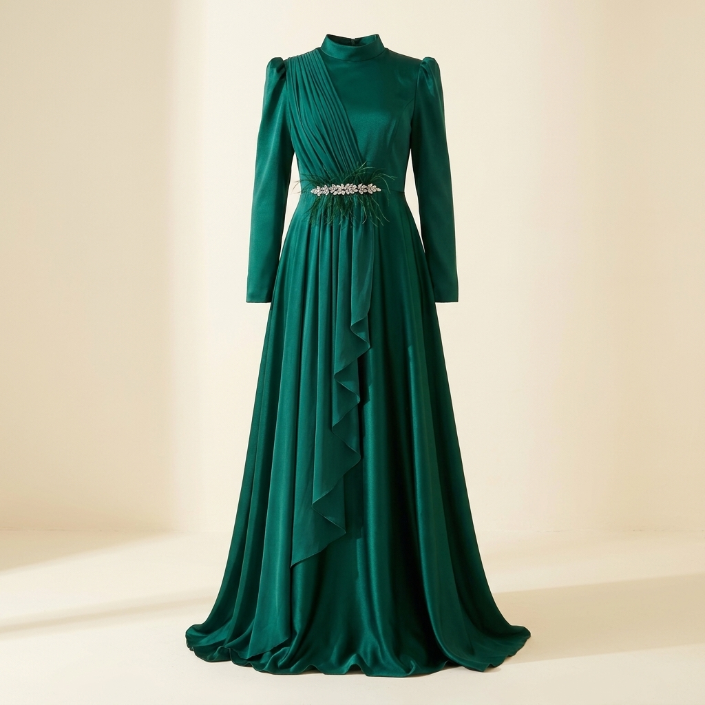 Robe de Soirée Longue en Satin Vert Émeraude avec Détails Drapés