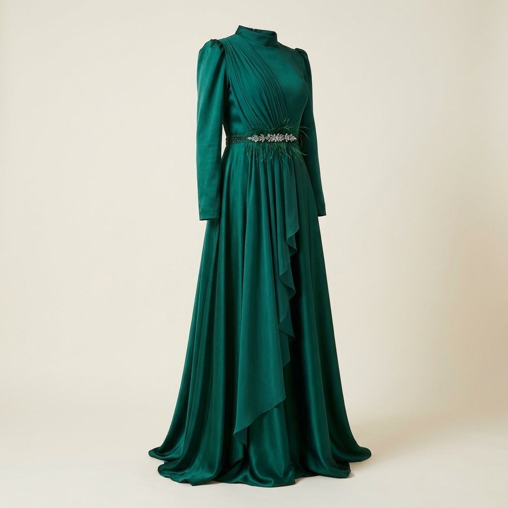 Robe de Soirée Longue en Satin Vert Émeraude avec Détails Drapés